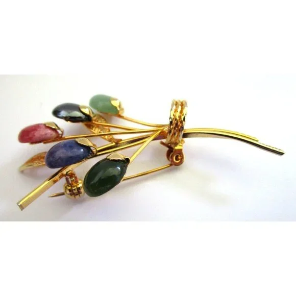 Vintage Gold Tone Flower Brooch Pin with Various Gemstone Flowers - Estate 1990s - Picture 3 of 7